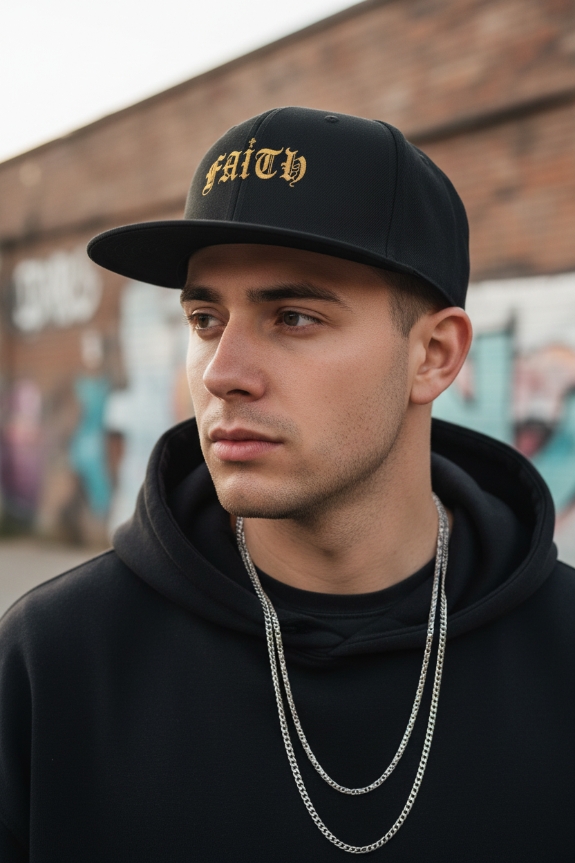 Embroidered 'Faith' Gothic Flame Snapback Hat