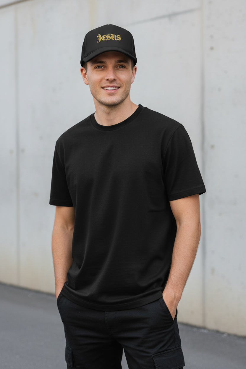 'Jesus' Gothic Font Trucker Hat — Gold Gothic Foam Cap