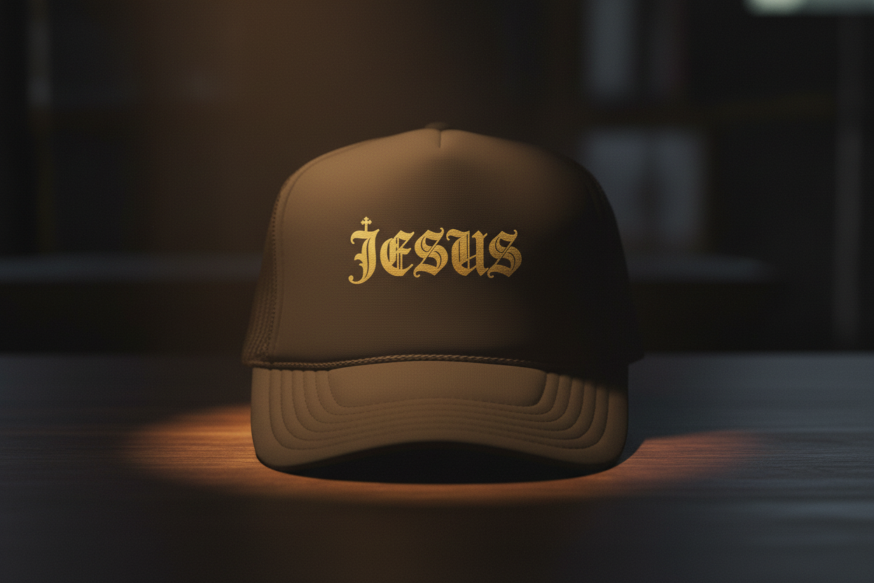 'Jesus' Gothic Font Trucker Hat — Gold Gothic Foam Cap