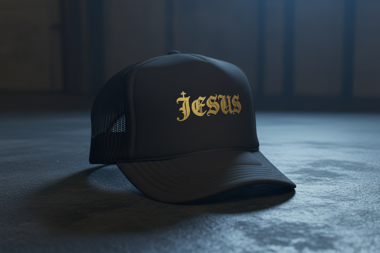 'Jesus' Gothic Font Trucker Hat — Gold Gothic Foam Cap