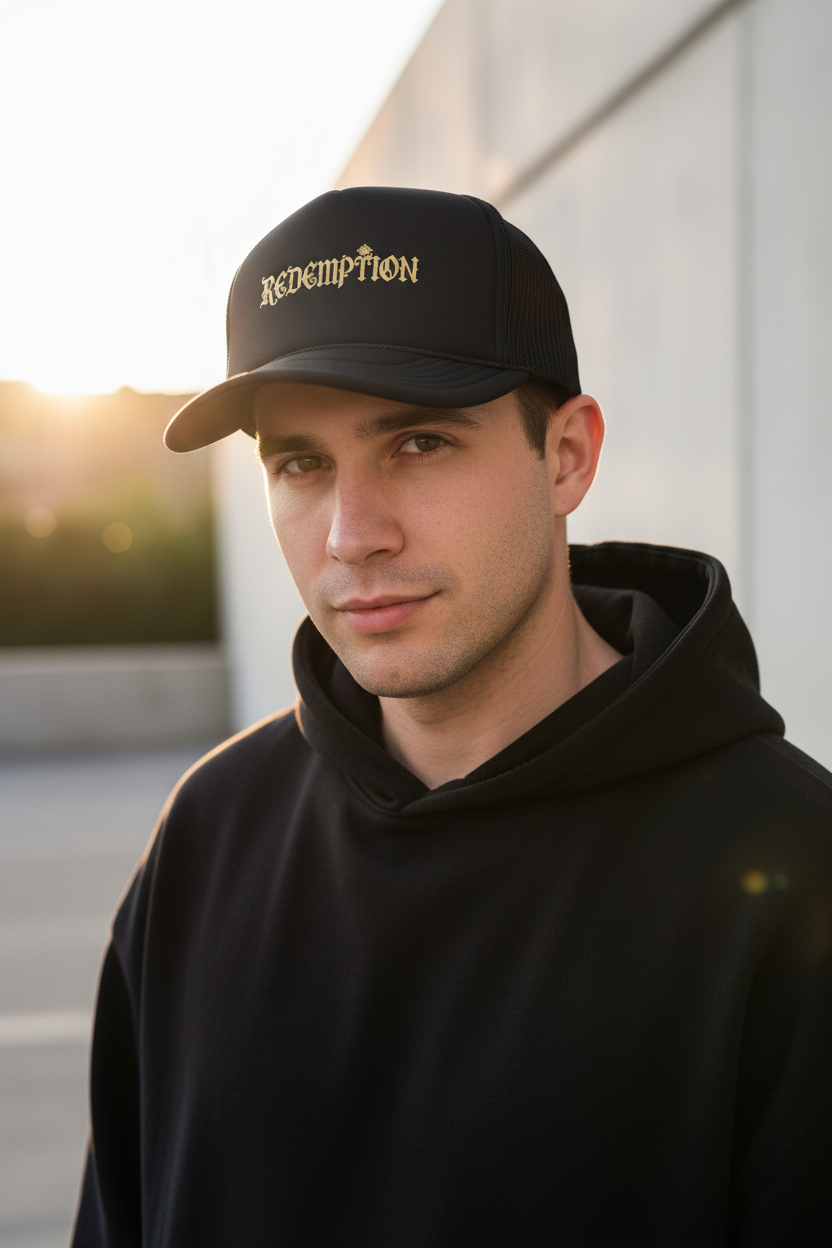 'Redemption' Trucker Hat — Gold Gothic Foam Mesh Cap