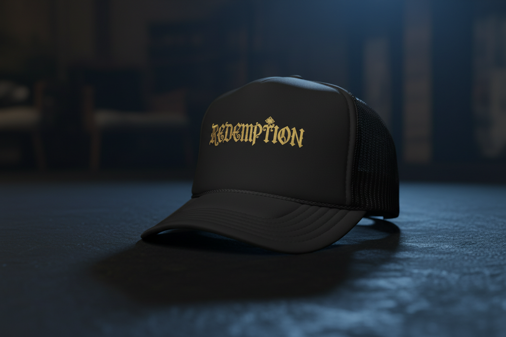 'Redemption' Trucker Hat — Gold Gothic Foam Mesh Cap
