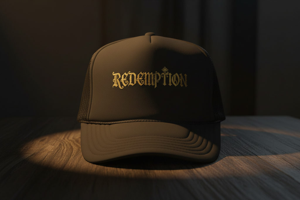 'Redemption' Trucker Hat — Gold Gothic Foam Mesh Cap