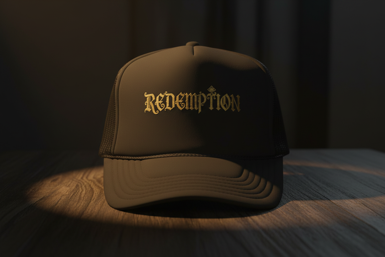 'Redemption' Trucker Hat — Gold Gothic Foam Mesh Cap