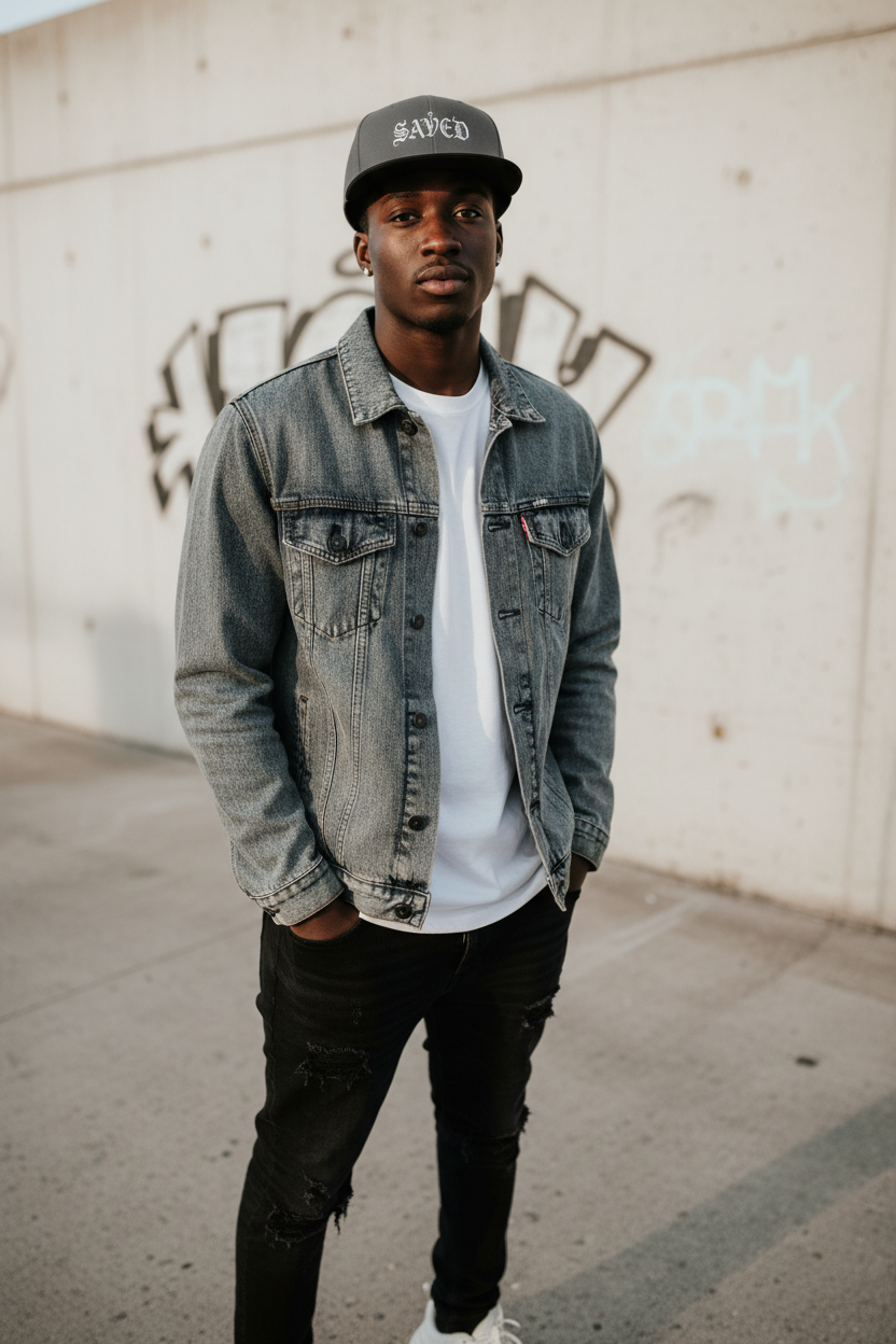 Embroidered 'Saved' Gothic Snapback Hat — Adjustable Black & Charcoal Cap