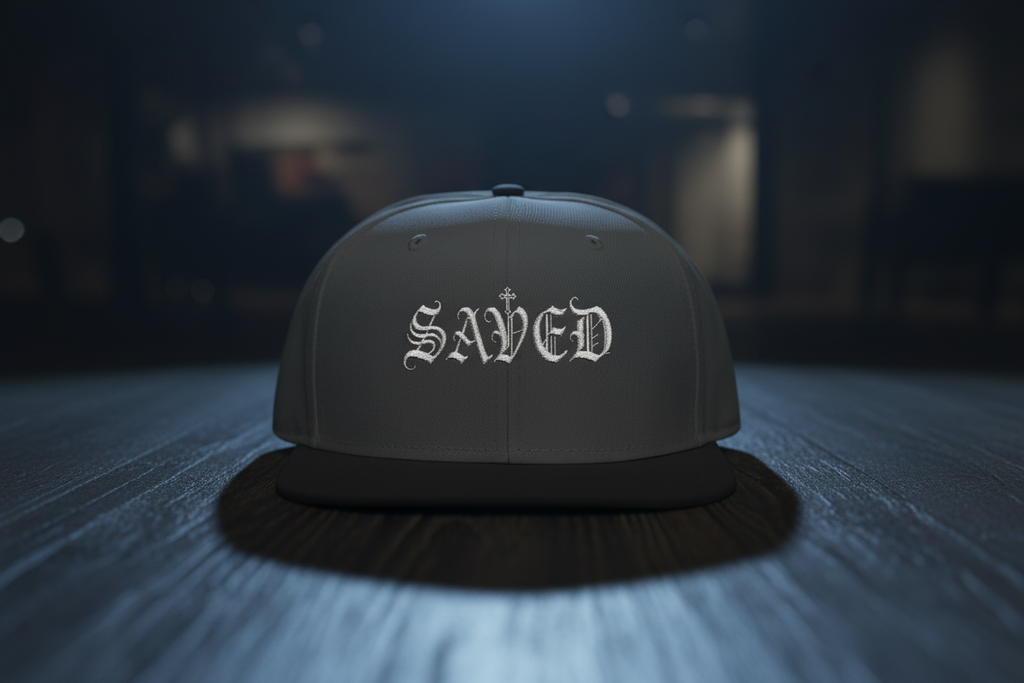 Embroidered 'Saved' Gothic Snapback Hat — Adjustable Black & Charcoal Cap