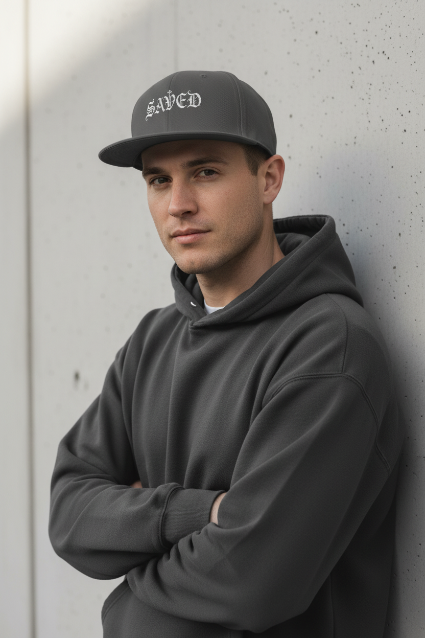 Embroidered 'Saved' Gothic Snapback Hat — Adjustable Black & Charcoal Cap