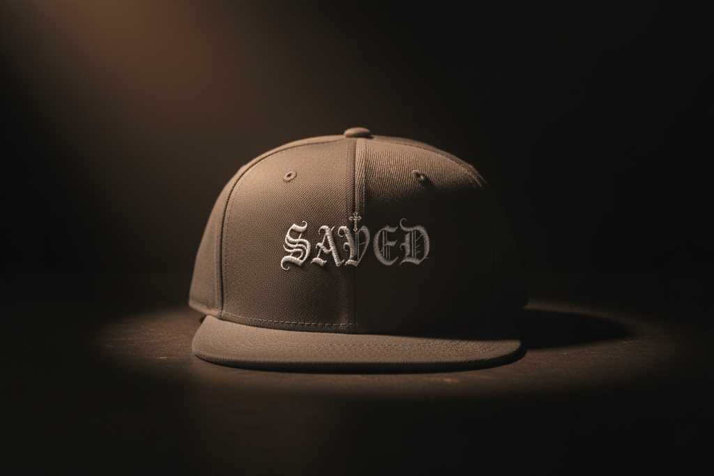 Embroidered 'Saved' Gothic Snapback Hat — Adjustable Black & Charcoal Cap