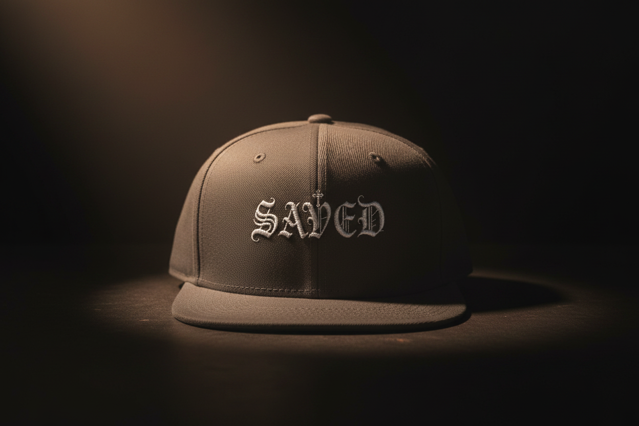 Embroidered 'Saved' Gothic Snapback Hat — Adjustable Black & Charcoal Cap