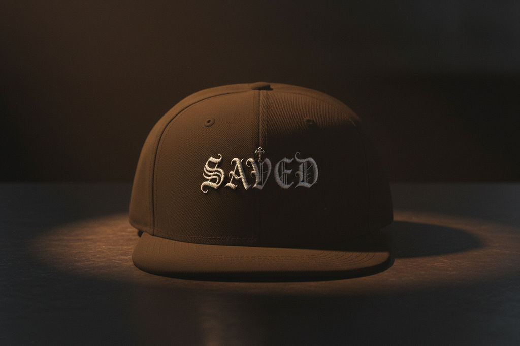 Embroidered 'Saved' Gothic Snapback Hat — Adjustable Black & Charcoal Cap