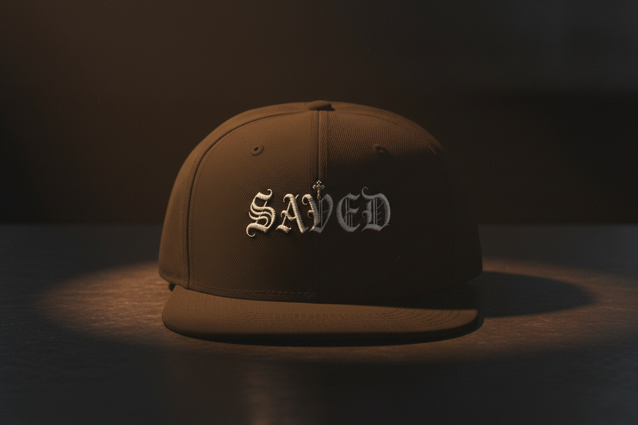 Embroidered 'Saved' Gothic Snapback Hat — Adjustable Black & Charcoal Cap