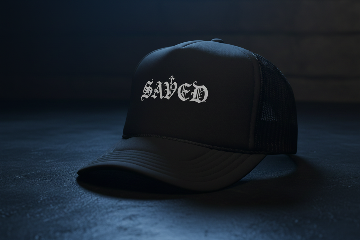 'Saved' Gothic Trucker Hat — Gothic Script Foam Mesh Cap