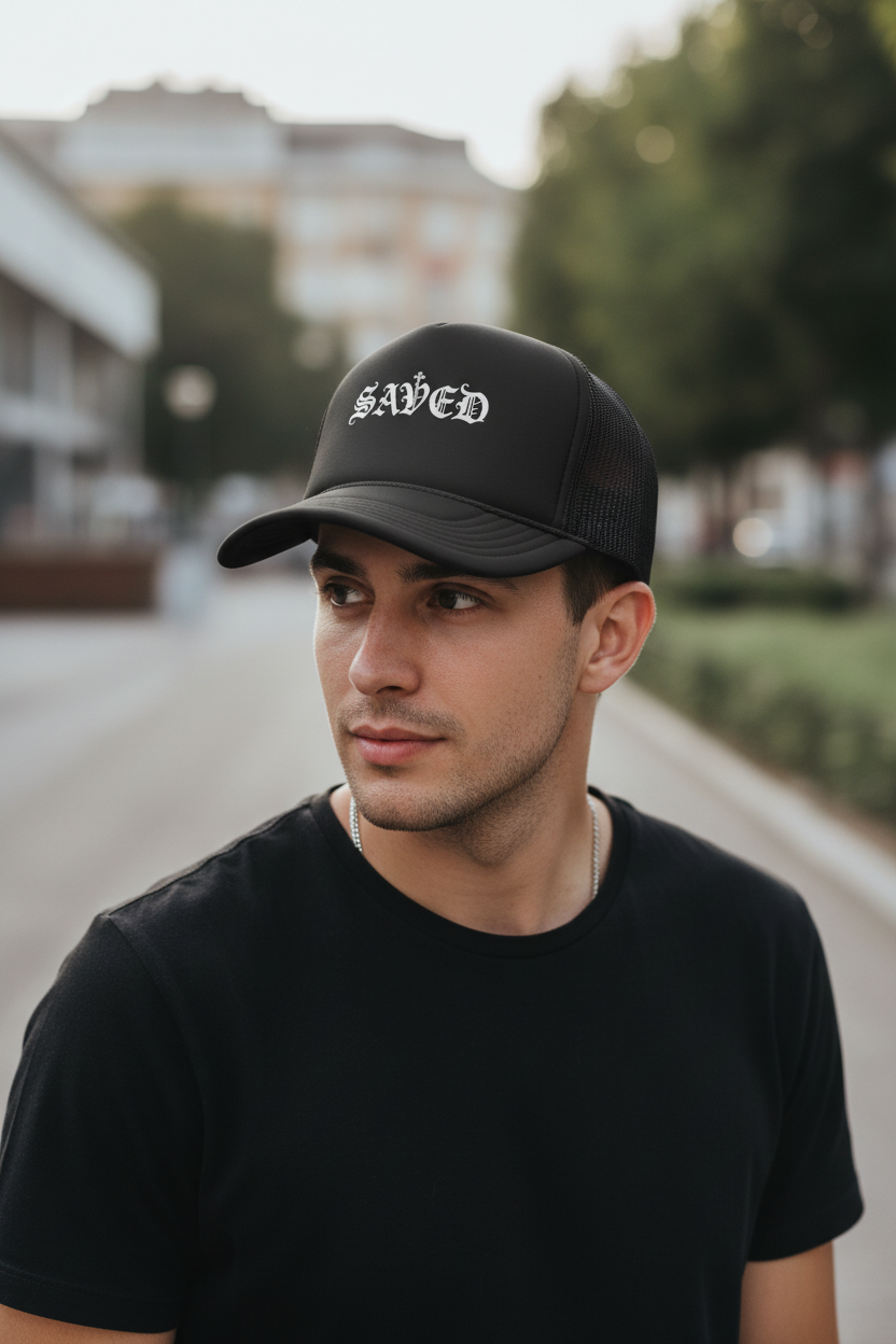'Saved' Gothic Trucker Hat — Gothic Script Foam Mesh Cap