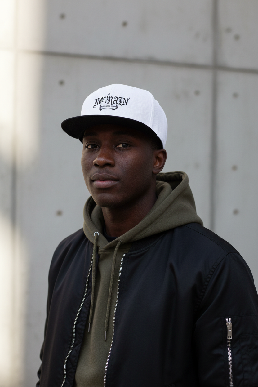 Embroidered 'Novrain' and Gothic Cross Script Snapback Hat