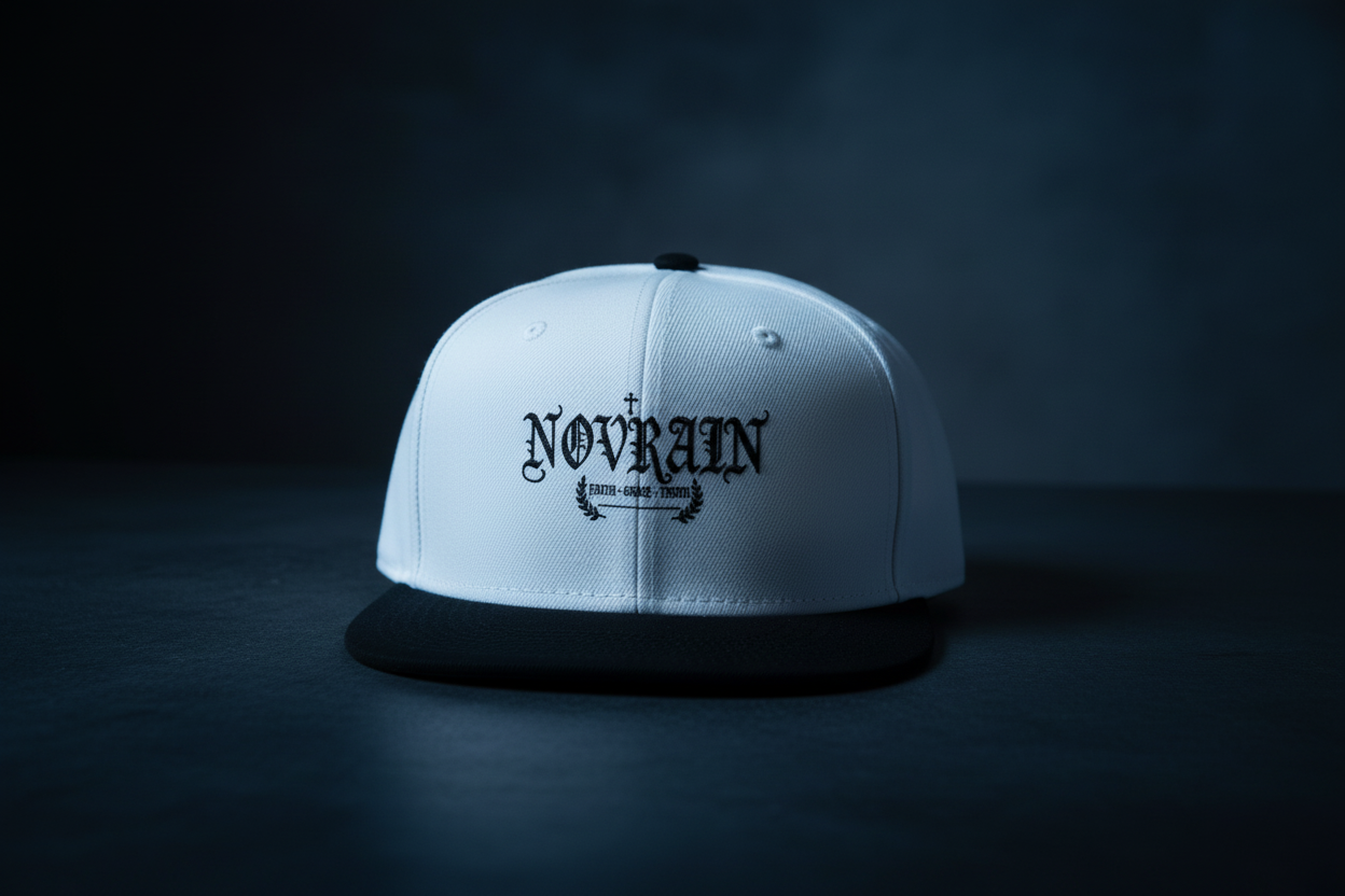 Embroidered 'Novrain' and Gothic Cross Script Snapback Hat