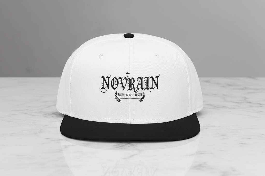 Embroidered 'Novrain' and Gothic Cross Script Snapback Hat