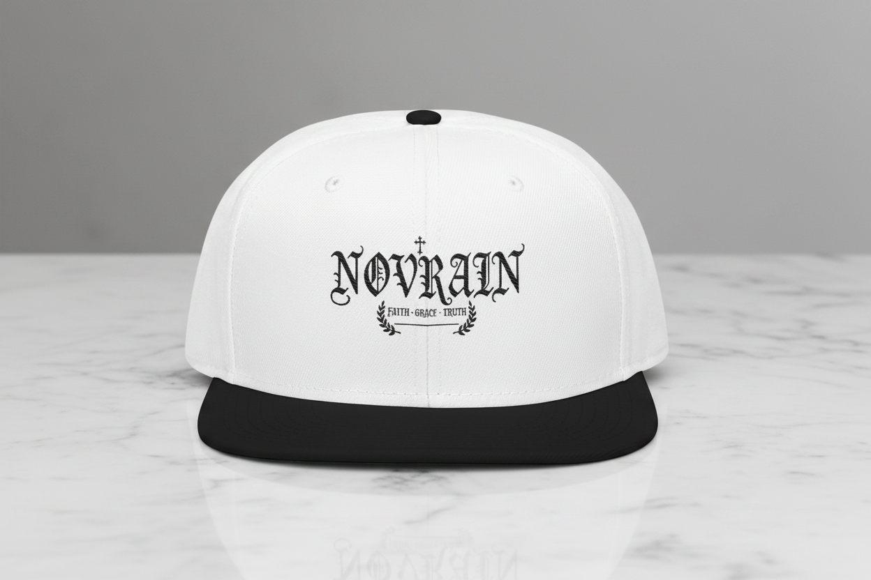 Embroidered 'Novrain' and Gothic Cross Script Snapback Hat