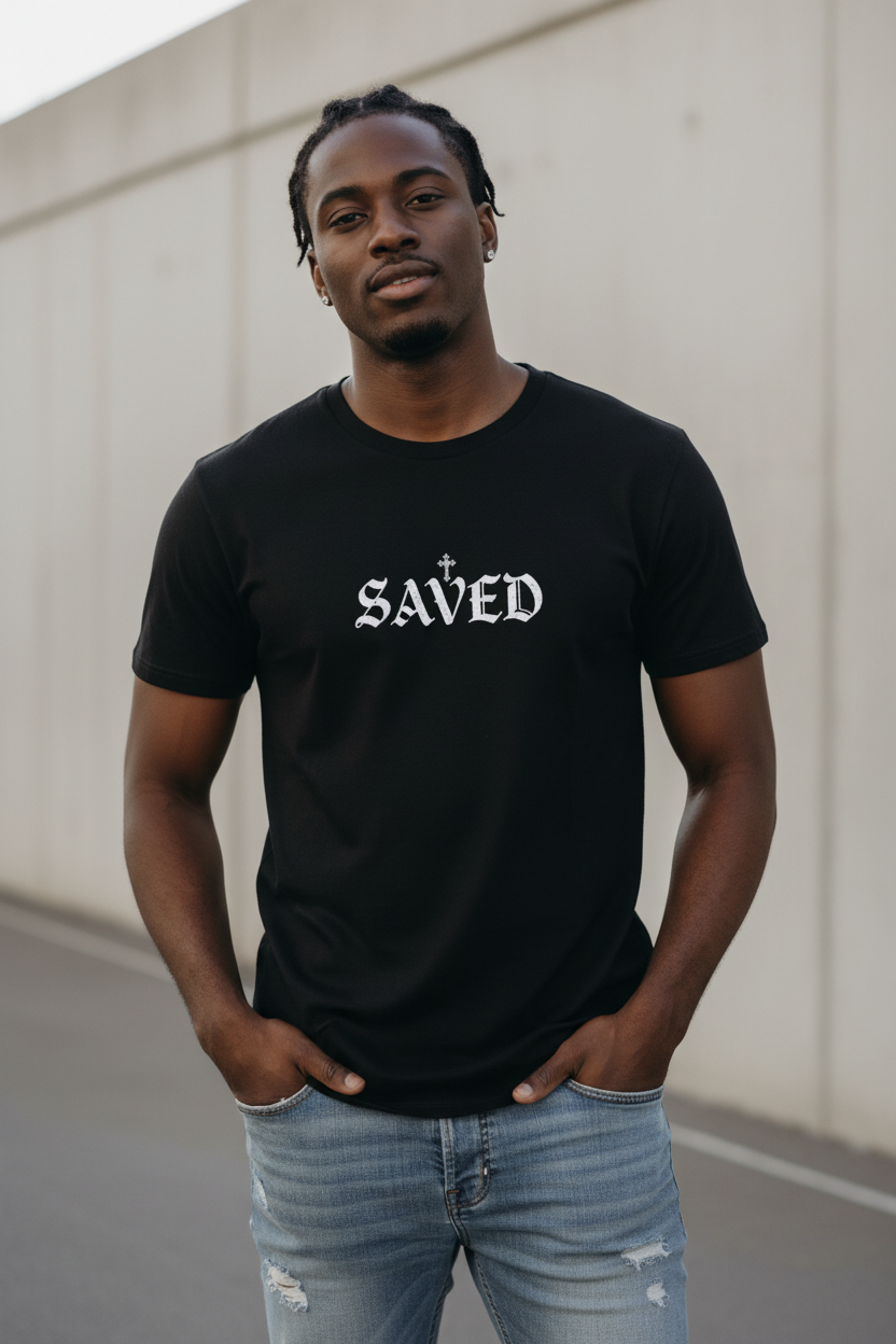 'Saved' Gothic Christian T-Shirt — Faith Shirt with Cross Gothic Text