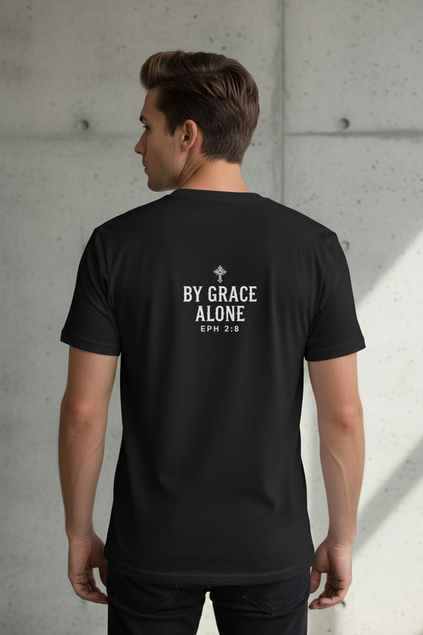 'Saved' Gothic Christian T-Shirt — Faith Shirt with Cross Gothic Text