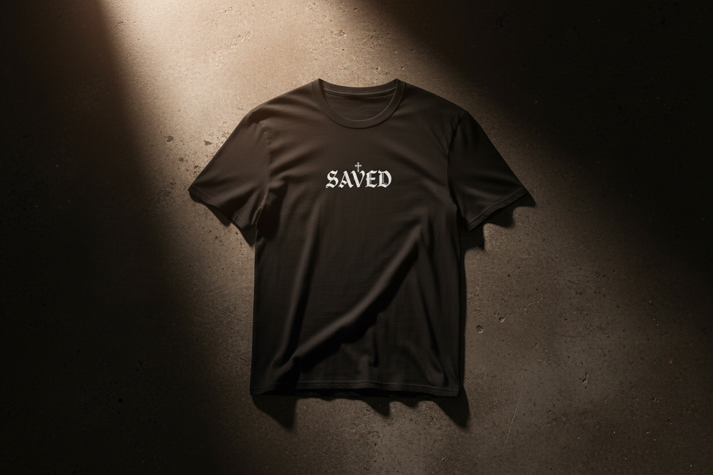 'Saved' Gothic Christian T-Shirt — Faith Shirt with Cross Gothic Text