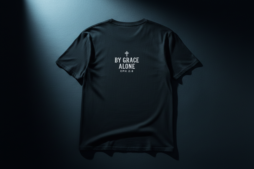 'Saved' Gothic Christian T-Shirt — Faith Shirt with Cross Gothic Text
