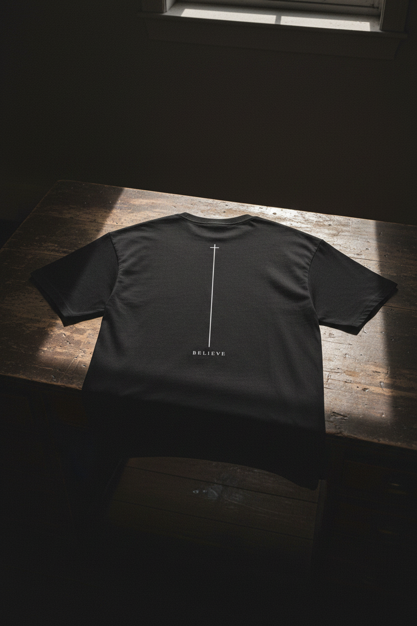 Boxy Tee Minimal Chain Cross Graphic | 'Believe' Graphic