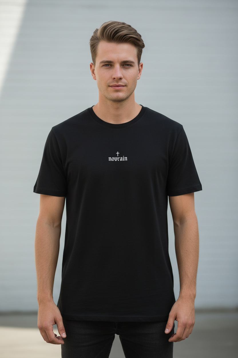 Minimal 'Novrain' Cross Graphic T‑Shirt + Angel Wings back