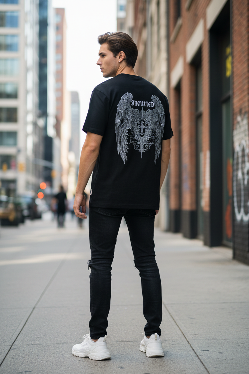 Minimal 'Novrain' Cross Graphic T‑Shirt + Angel Wings back