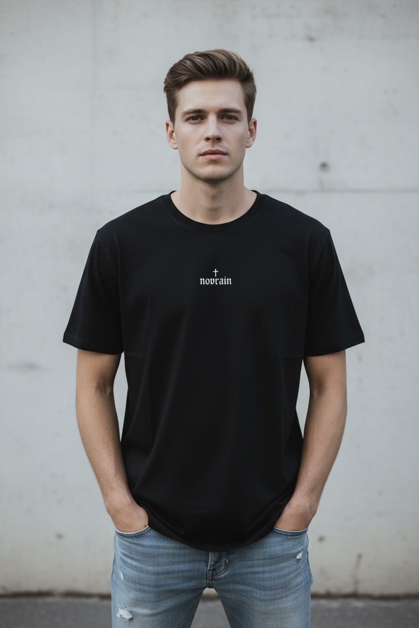 Novrain Minimalist Cross T-Shirt — Small Chest Logo