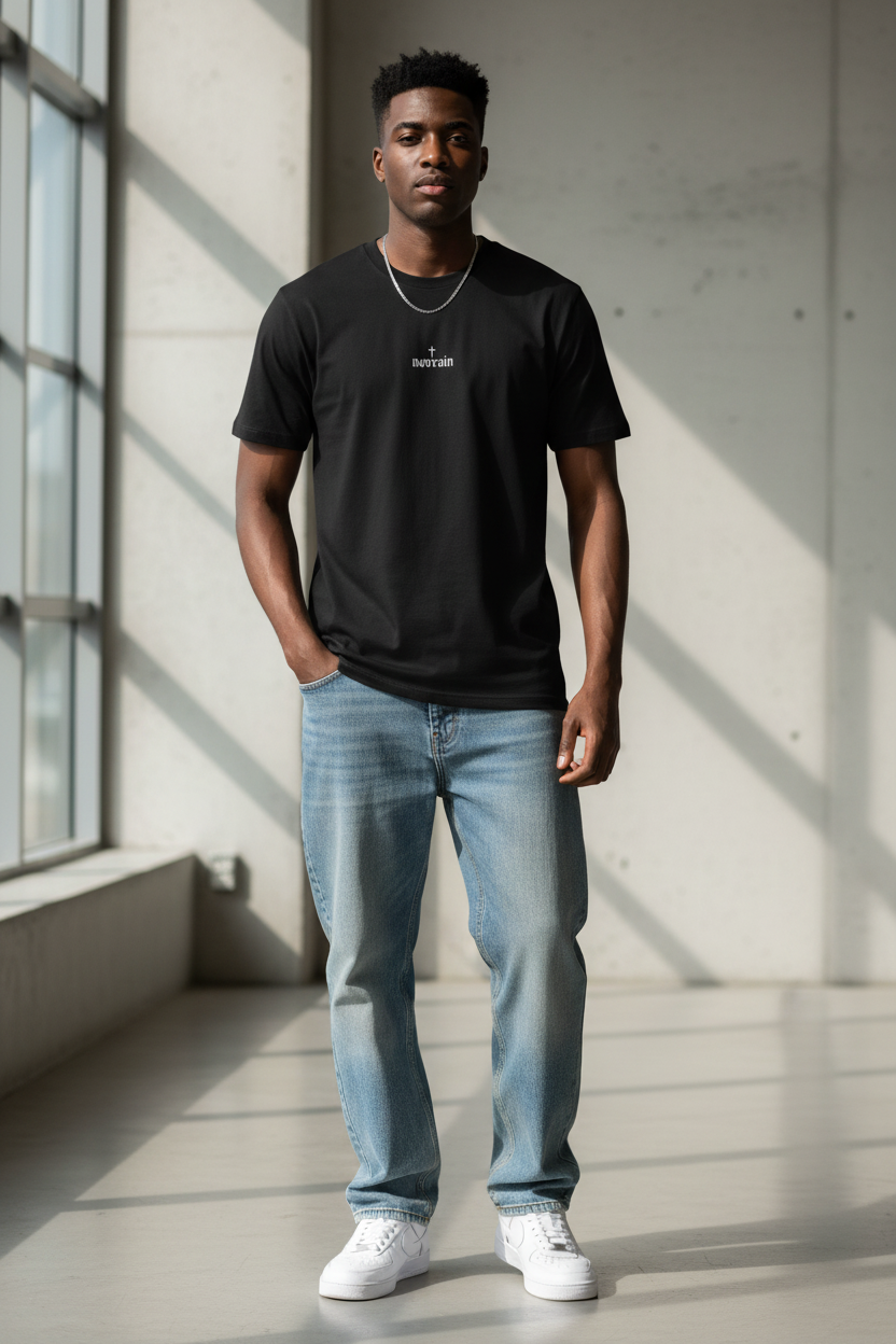 Minimal 'Novrain' Cross Chest Tee + 'Redeemed' Angel Art Back Casual Christian Graphic T-Shirt