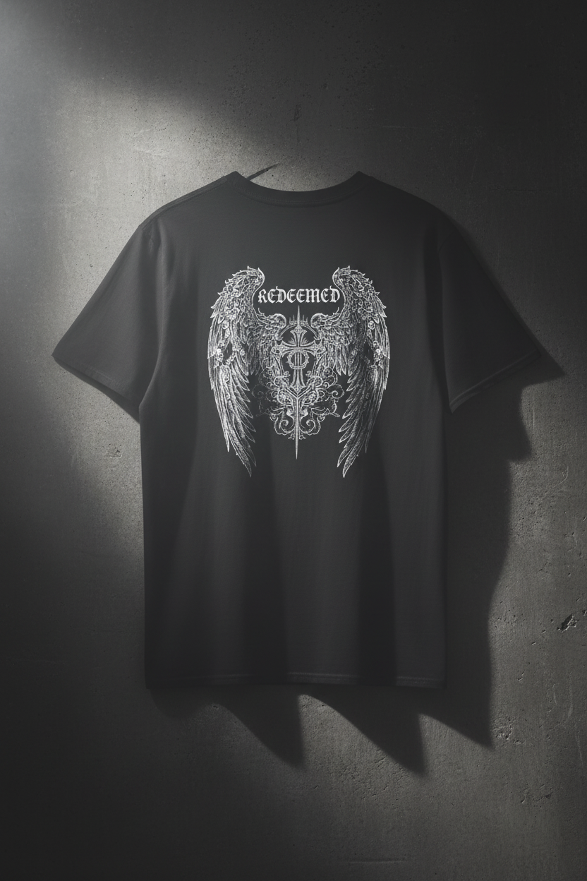 Minimal 'Novrain' Cross Chest Tee + 'Redeemed' Angel Art Back Casual Christian Graphic T-Shirt
