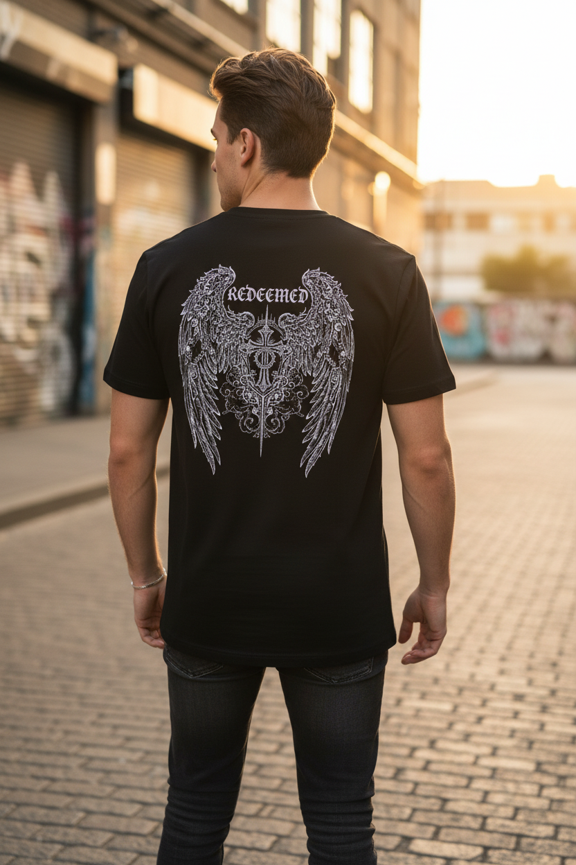 Minimal 'Novrain' Cross Chest Tee + 'Redeemed' Angel Art Back Casual Christian Graphic T-Shirt