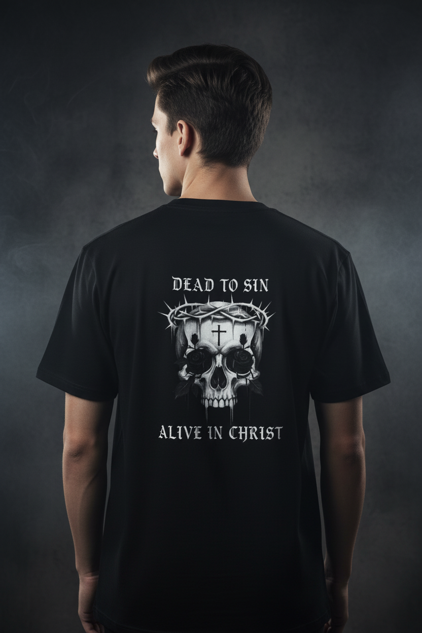 'Dead to Sin, Alive in Christ' Back Graphic - Small 'Novrain' Logo Front, Gothic Faith Graphic