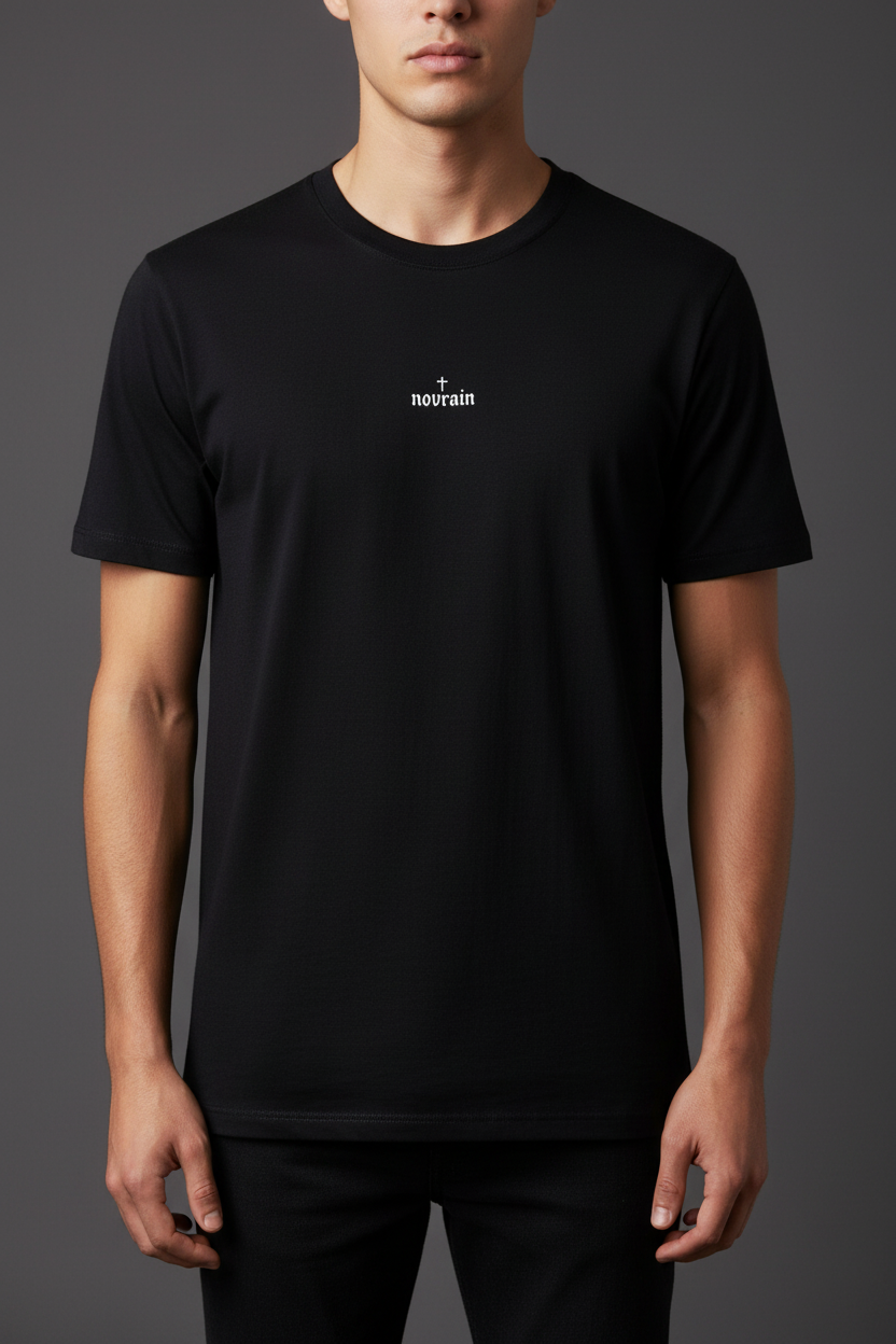 'Dead to Sin, Alive in Christ' Back Graphic - Small 'Novrain' Logo Front, Gothic Faith Graphic