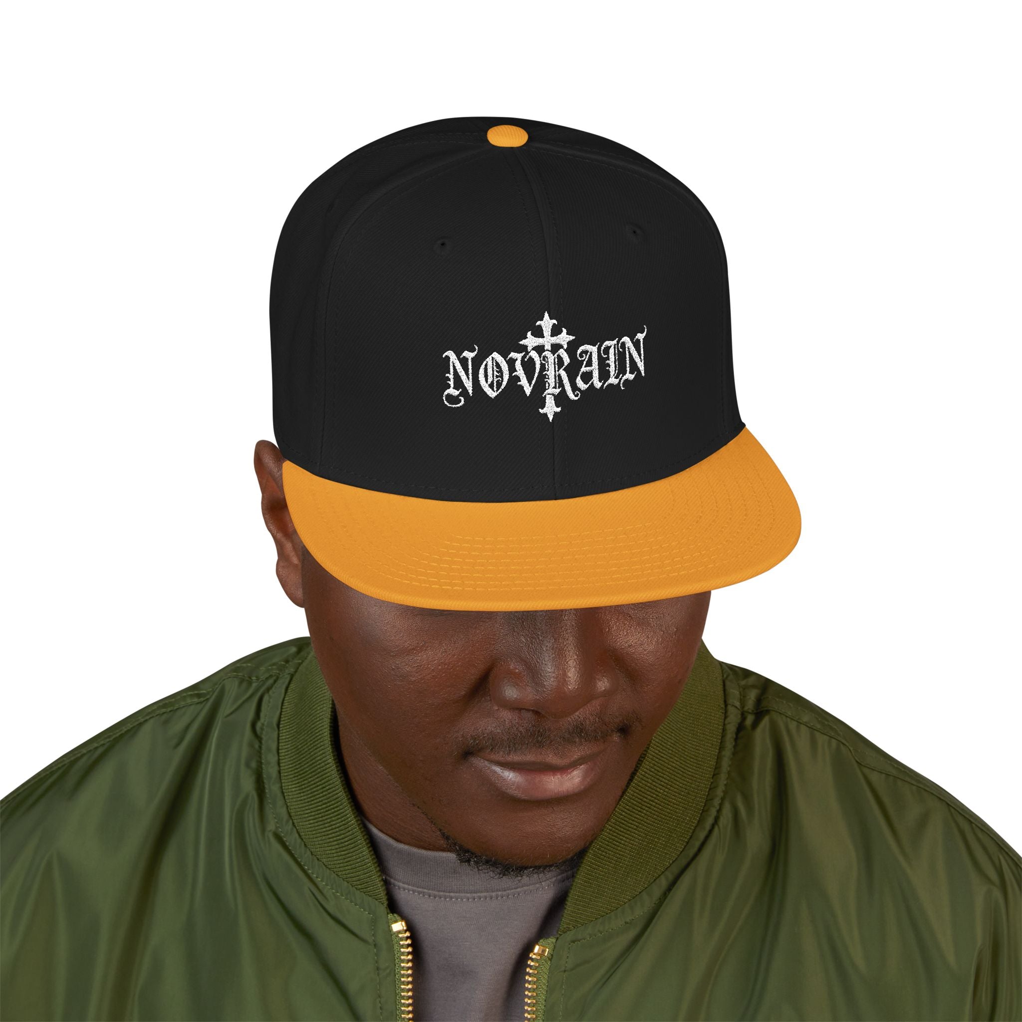 Embroidered 'Novrain' Gothic Cross Design Snapback Hat — Dark Streetwear Cap