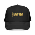 'Jesus' Gothic Font Trucker Hat — Gold Gothic Foam Cap
