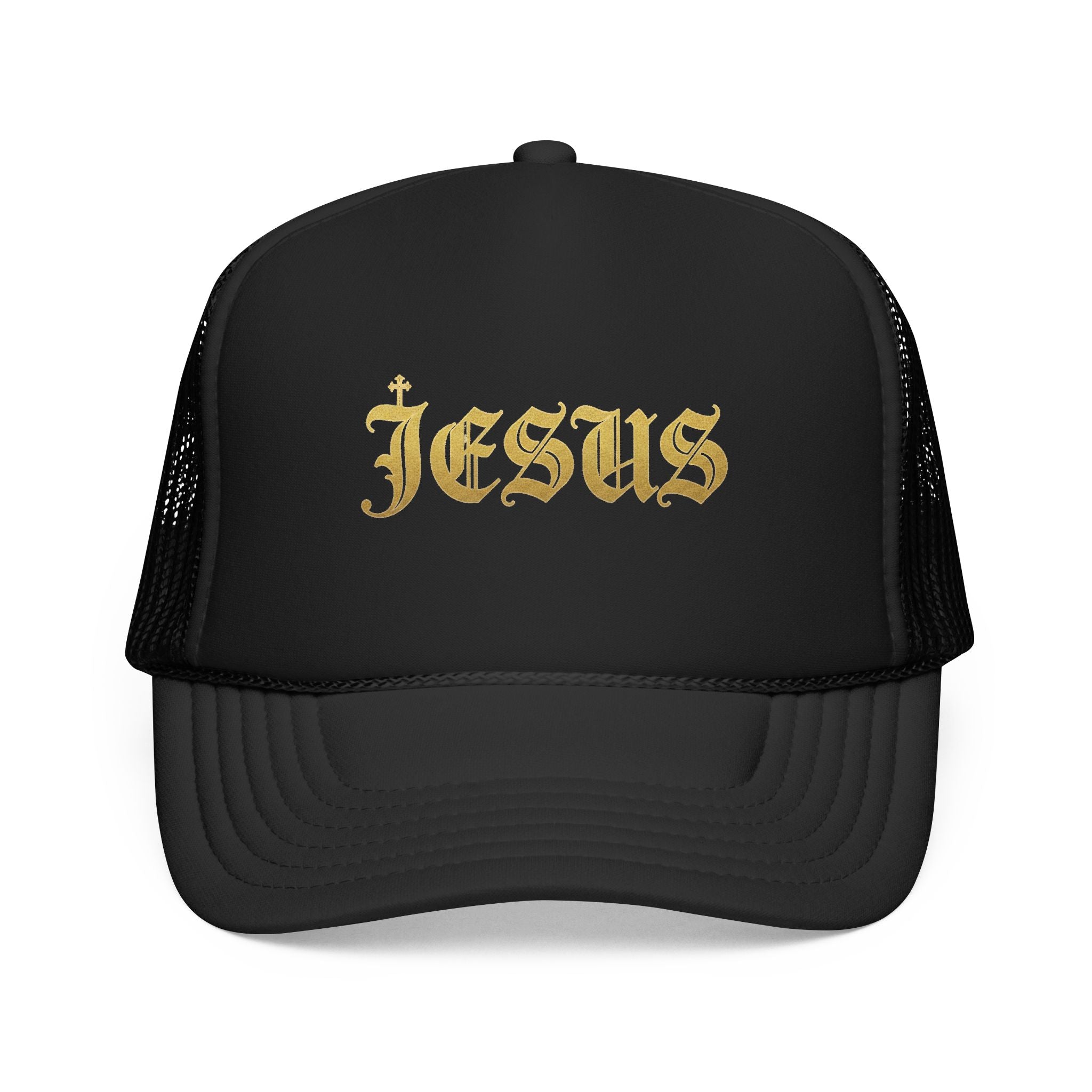 'Jesus' Gothic Font Trucker Hat — Gold Gothic Foam Cap