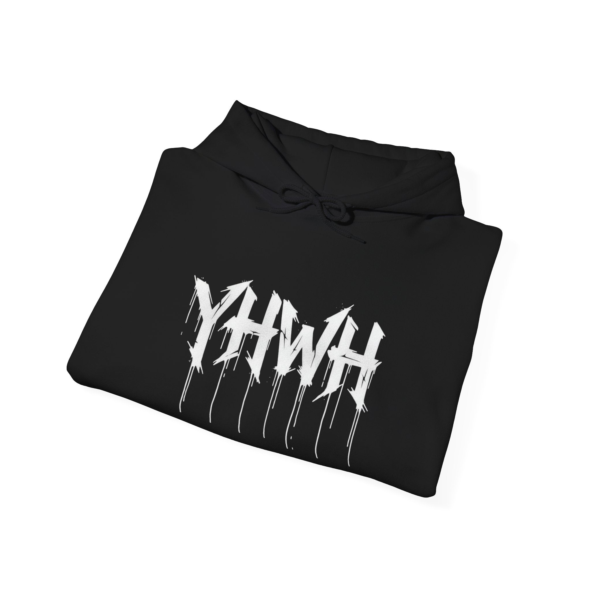 YHWH Drip Graphic Hoodie — Spiritual Gothic Pullover with All-Seeing Eye Back Design