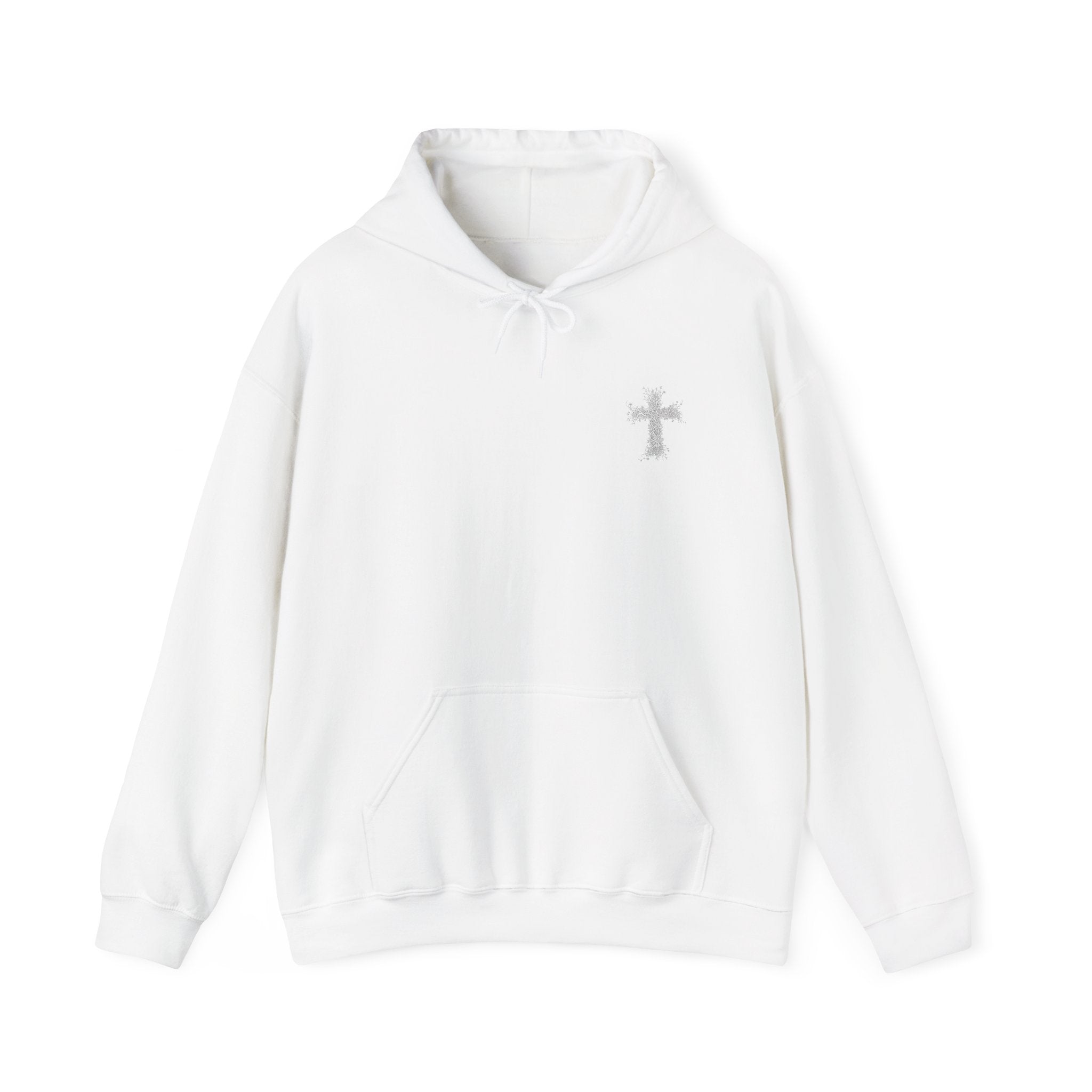 Embroidered Cross & Heart Hoodie — Minimal Faith-Inspired White Pullover