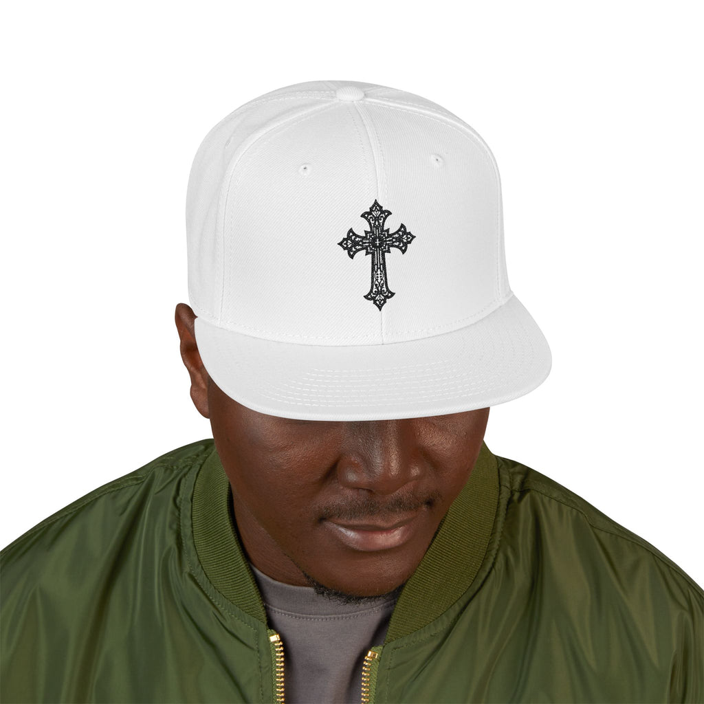 Embroidered Gothic Cross Snapback Hat — Black & White Streetwear Cap