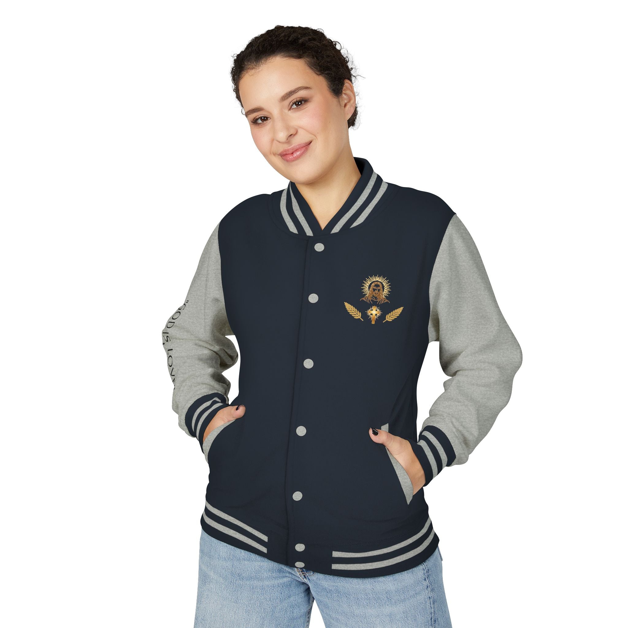 Black & White Letterman Jacket with Gold Sunflower Crest