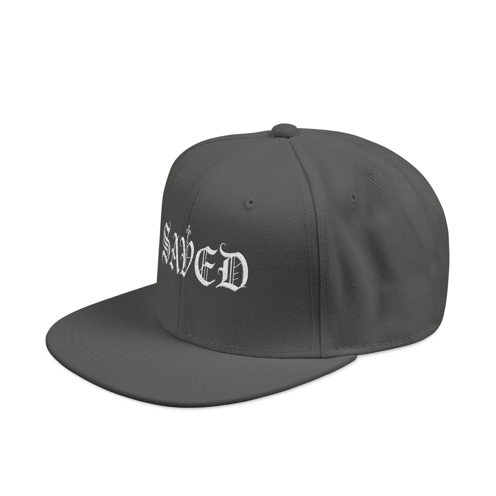 Embroidered 'Saved' Gothic Snapback Hat — Adjustable Black & Charcoal Cap