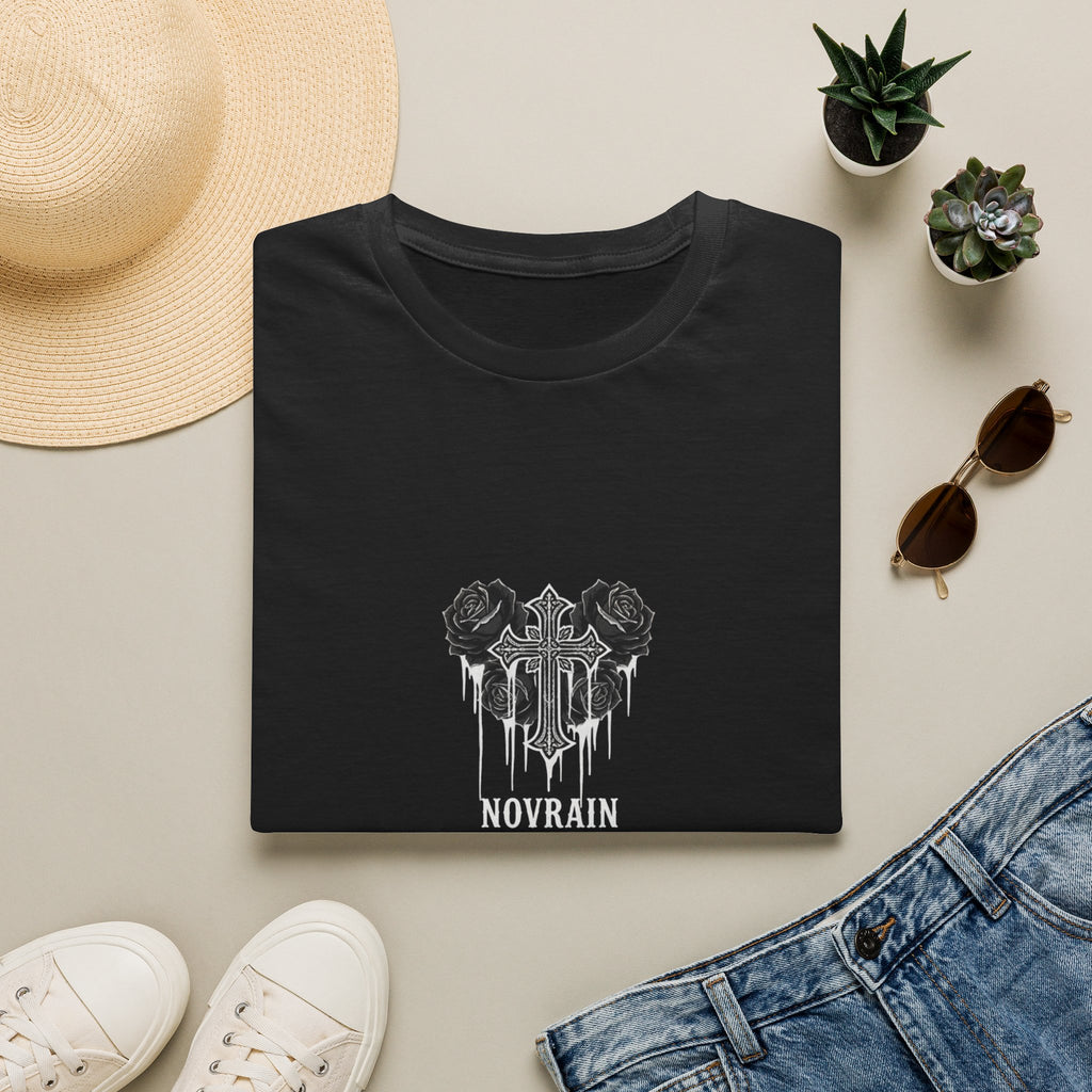 Novrain Gothic Rose Heart T-Shirt — Dripping Cross Band Tee