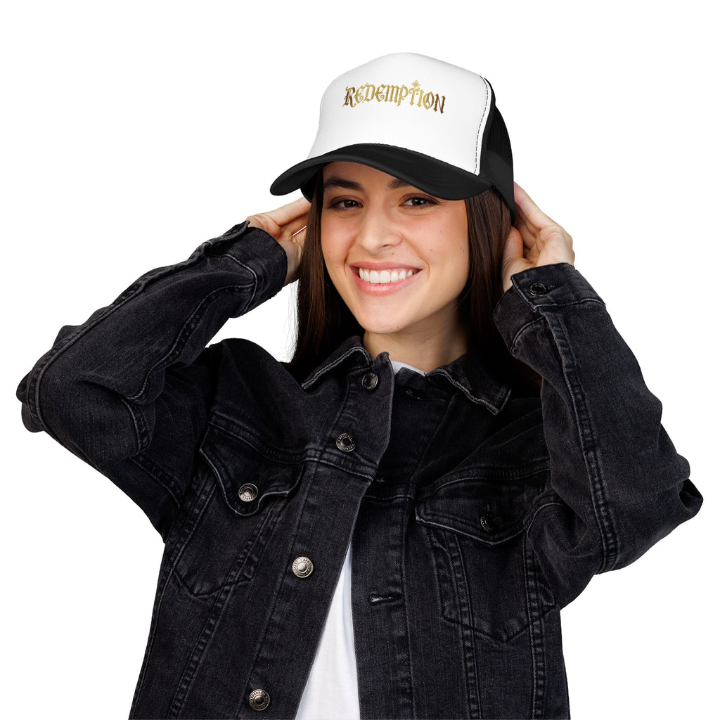 'Redemption' Trucker Hat — Gold Gothic Foam Mesh Cap