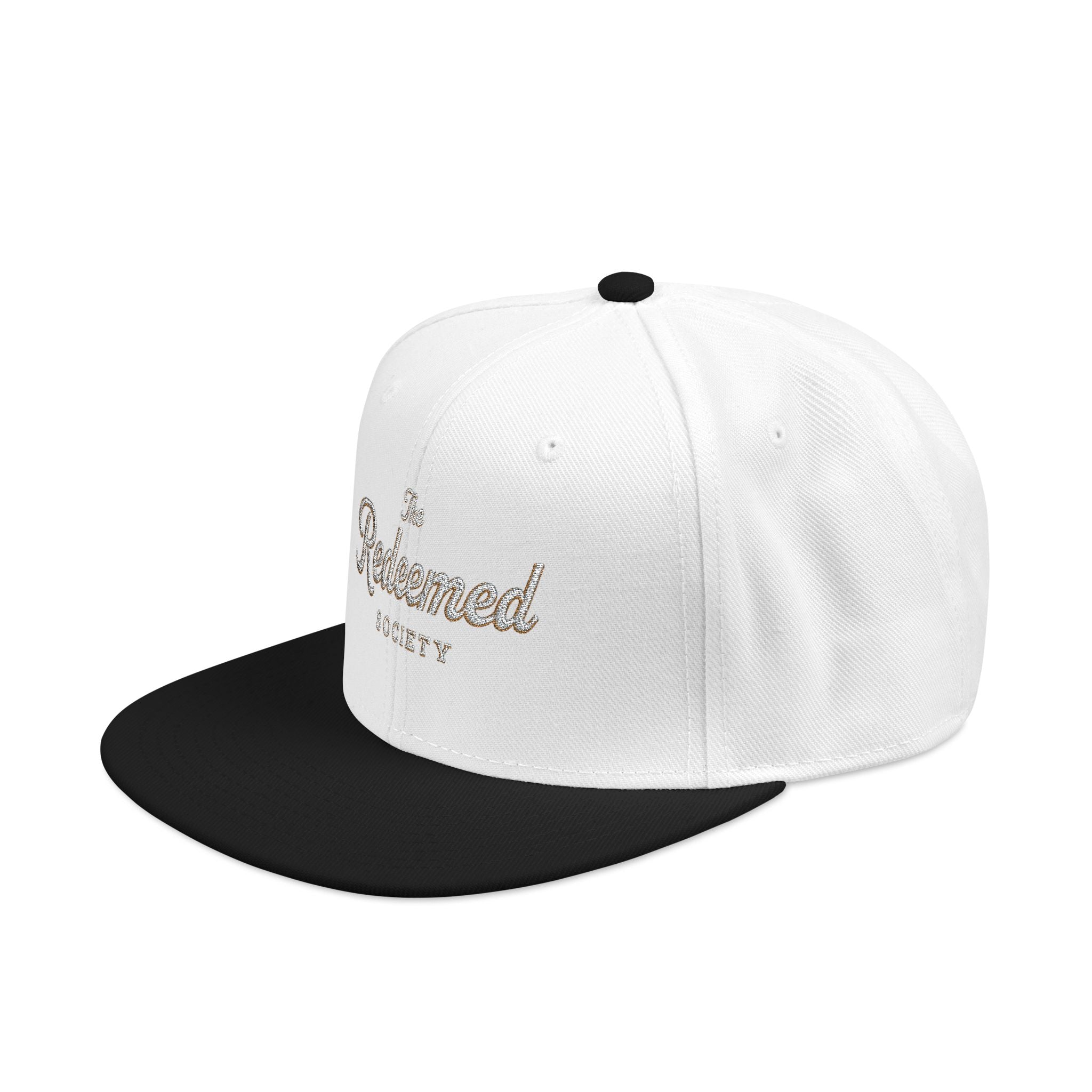 Embroidered "The Redeemed Society" Script Snapback Hat — No side design — Rhinestone “Blessed” Design