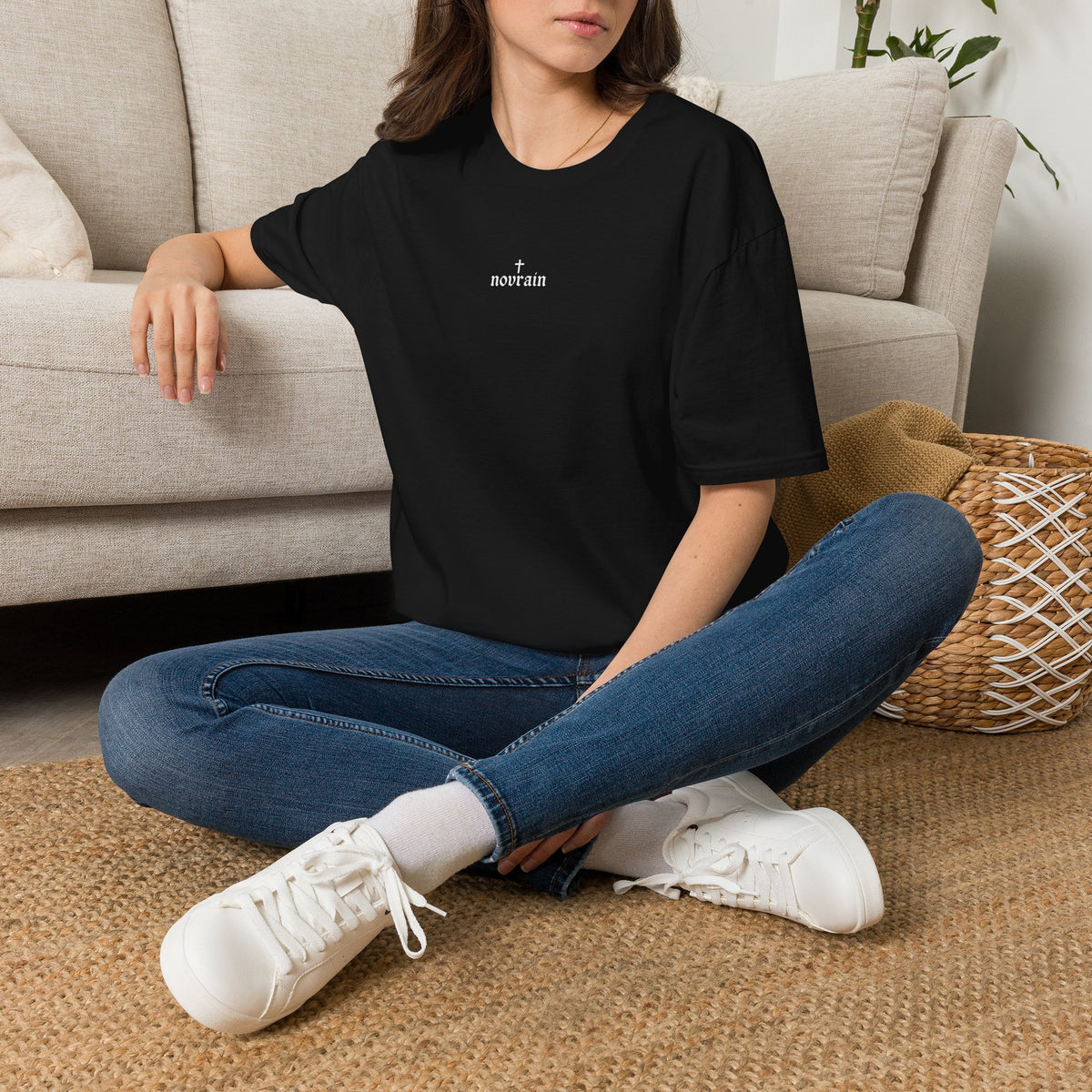 Minimal 'Novrain' Cross Chest Tee + 'Redeemed' Angel Art Back Casual Christian Graphic T-Shirt
