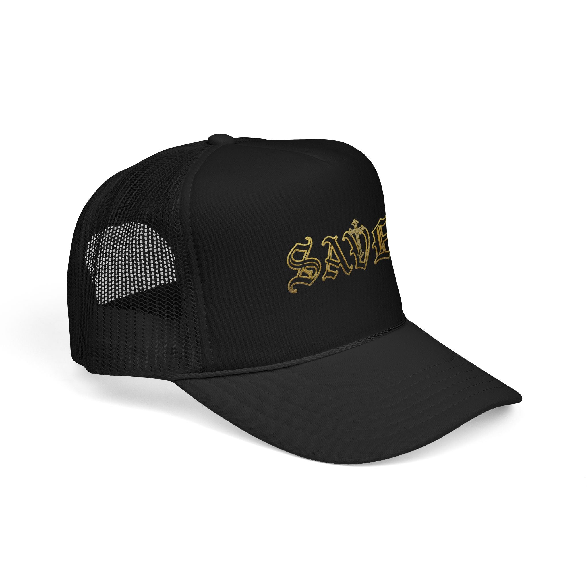 'Saved' Gothic Design Trucker Hat — Gold Gothic Script Foam Mesh Cap