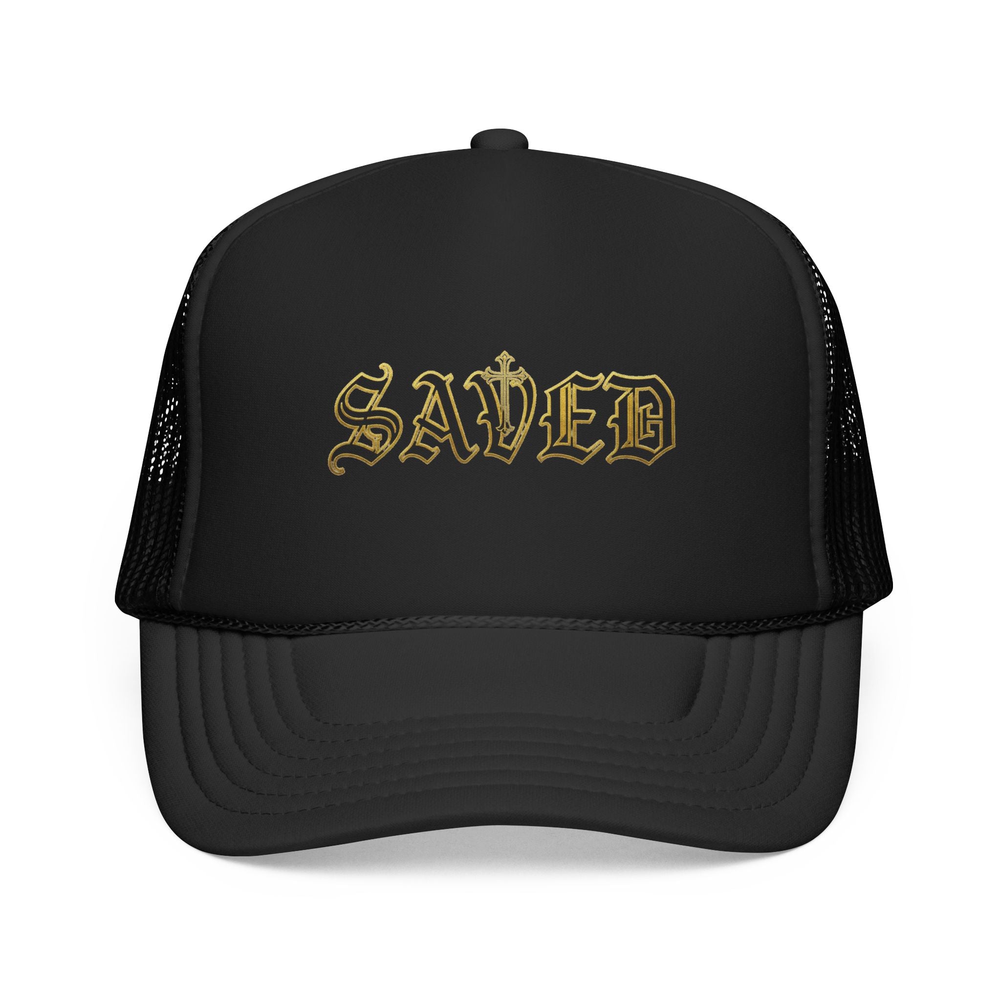 'Saved' Gothic Design Trucker Hat — Gold Gothic Script Foam Mesh Cap