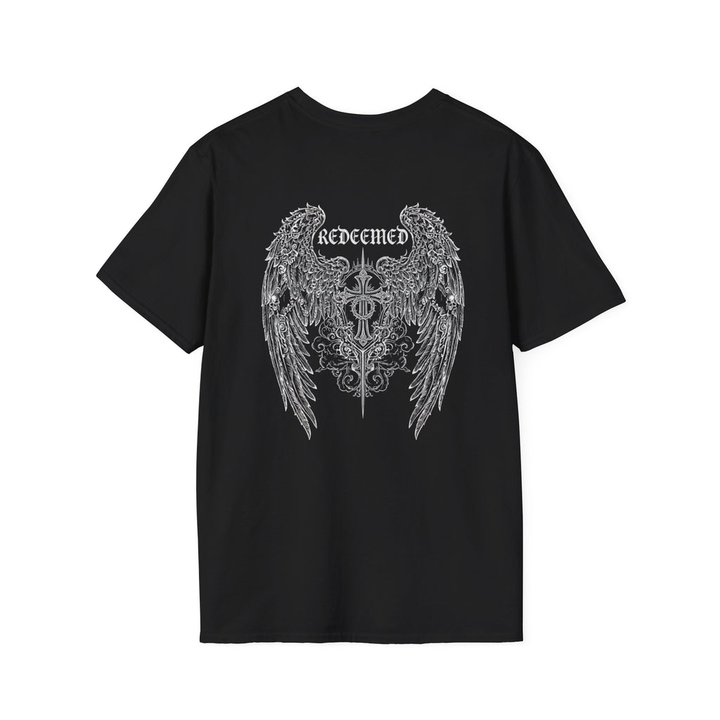 Minimal 'Novrain' Cross Chest Tee + 'Redeemed' Angel Art Back Casual Christian Graphic T-Shirt