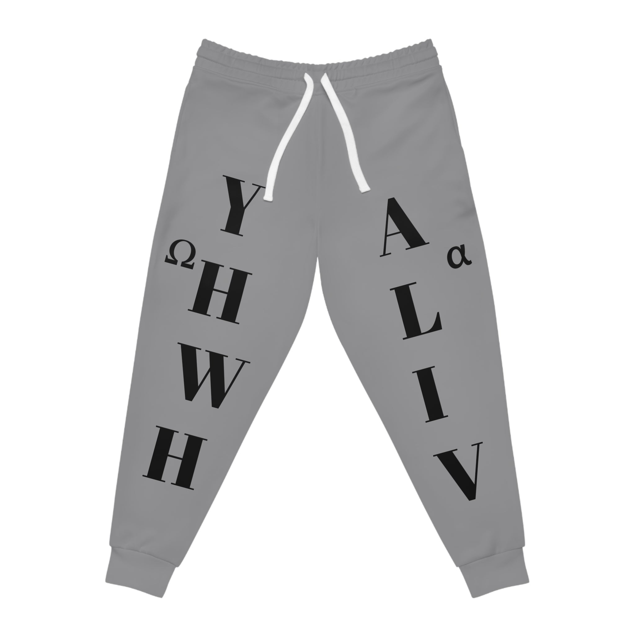 YHWH / YA LIV Religious Graphic Joggers — Hebrew Faith Lettering Sweatpants